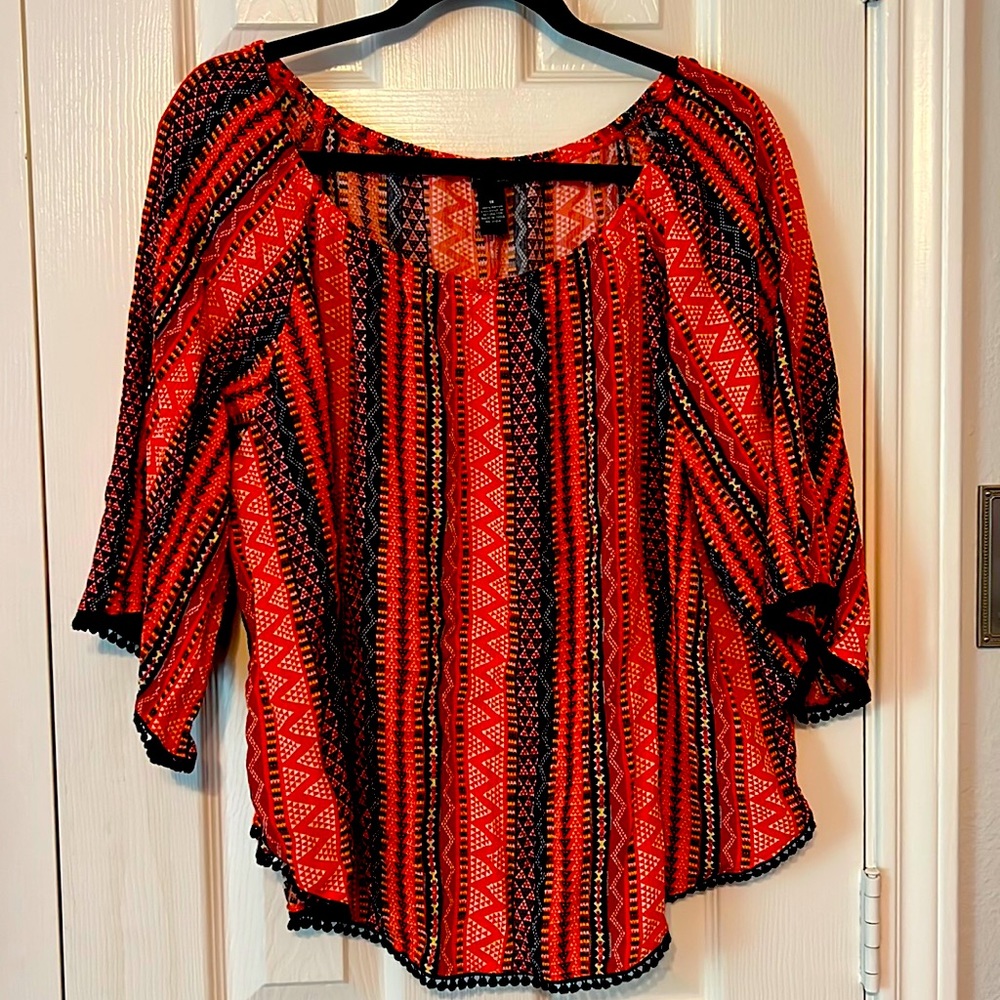 New Directions multi-colored top with pompom trim